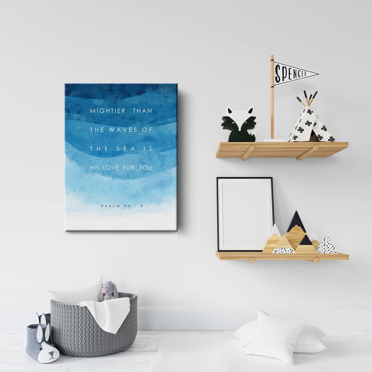 Bible Verse Canvas Print Decor Mightier Than The Waves Psalm 93:4 Wall Painting Posters Blue Artwork 12   X15   Home Office Deco